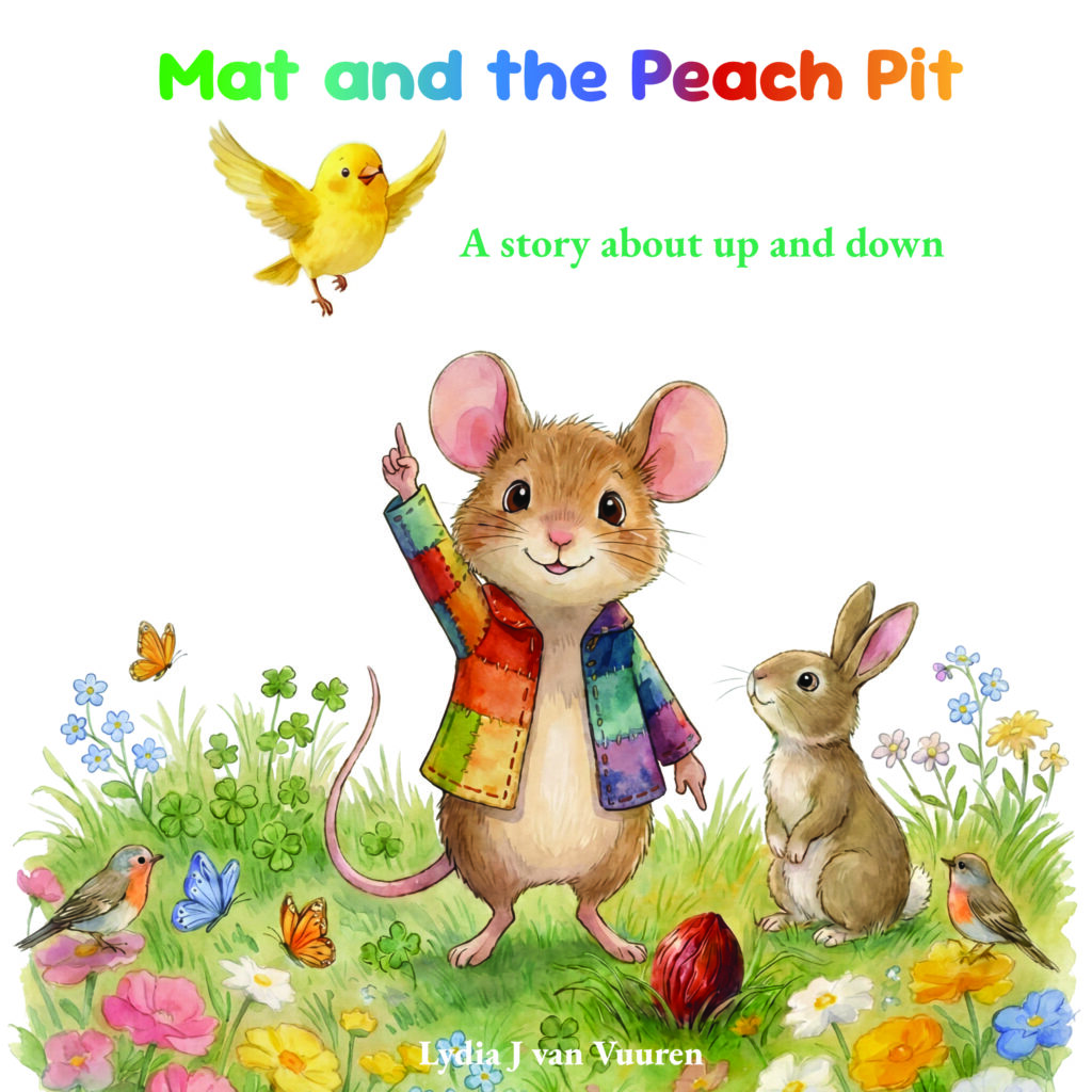 Mat and the Peach Pit Cover. A little mouse stretching up with one hand and down with the other. A rabbit is looking on and yellow little finch is flying in the air just above the mouse.