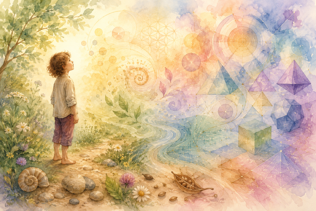 Boy observing mathematical shapes flowing from the natural world