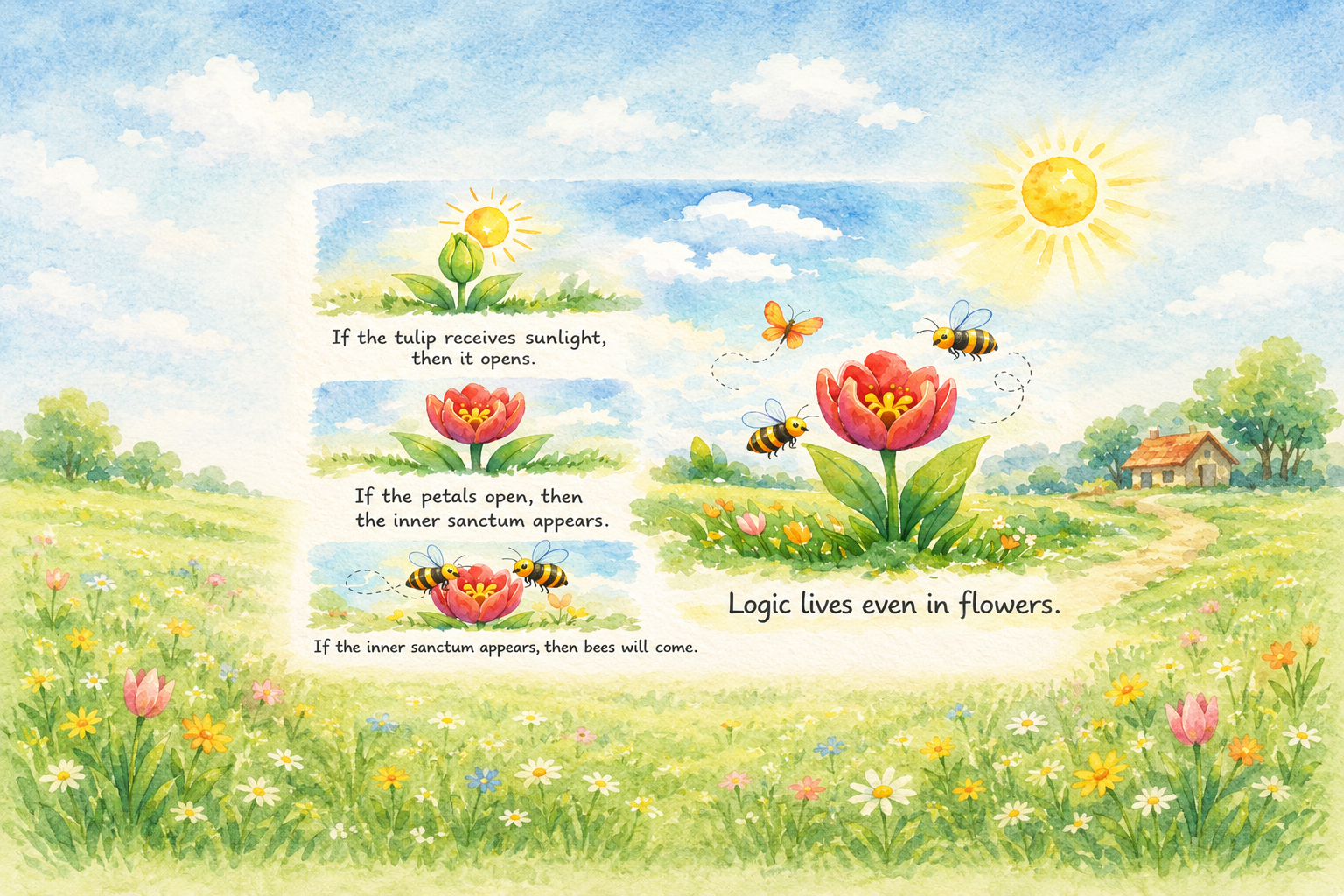 Watercolour-style illustration of a blooming tulip in a sunny meadow, showing a simple logic sequence about sunlight, opening petals, and bees coming to the flower.
