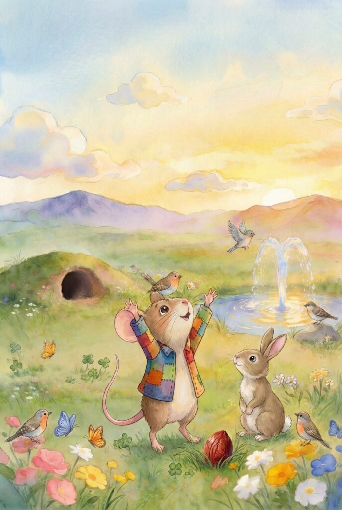Mat the math mouse stretching up into the sky. He is in a field next to his burrow with field animals around