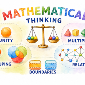 A colourful watercolour-style educational illustration titled “Mathematical Thinking.” The image shows five mathematical ideas: unity represented by a single orange sphere, multiplicity shown through several geometric solids, grouping shown with circles and overlapping sets, relations shown as a network of connected points and boundaries shown with two framed shapes. A golden balance scale stands in the centre, linking the ideas through a soft, playful classroom-style layout.