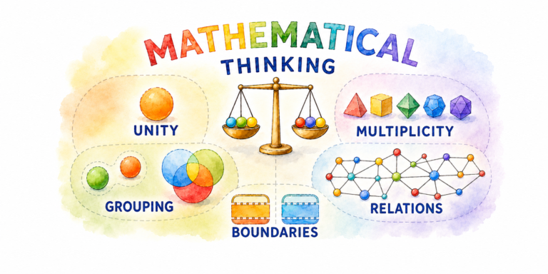 A colourful watercolour-style educational illustration titled “Mathematical Thinking.” The image shows five mathematical ideas: unity represented by a single orange sphere, multiplicity shown through several geometric solids, grouping shown with circles and overlapping sets, relations shown as a network of connected points and boundaries shown with two framed shapes. A golden balance scale stands in the centre, linking the ideas through a soft, playful classroom-style layout.