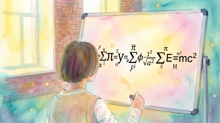 Girl looking at abstract formulae on board