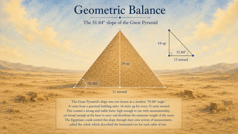 Watercolour-style educational illustration of the Great Pyramid showing its 51.84° slope, with labelled geometric lines for 14 units up and 11 units inward.