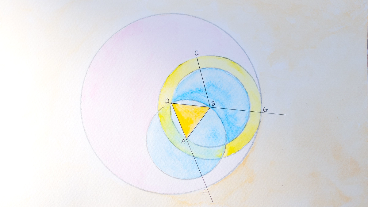 Euclid's Elements, book I Proposition 2, water colour illustration