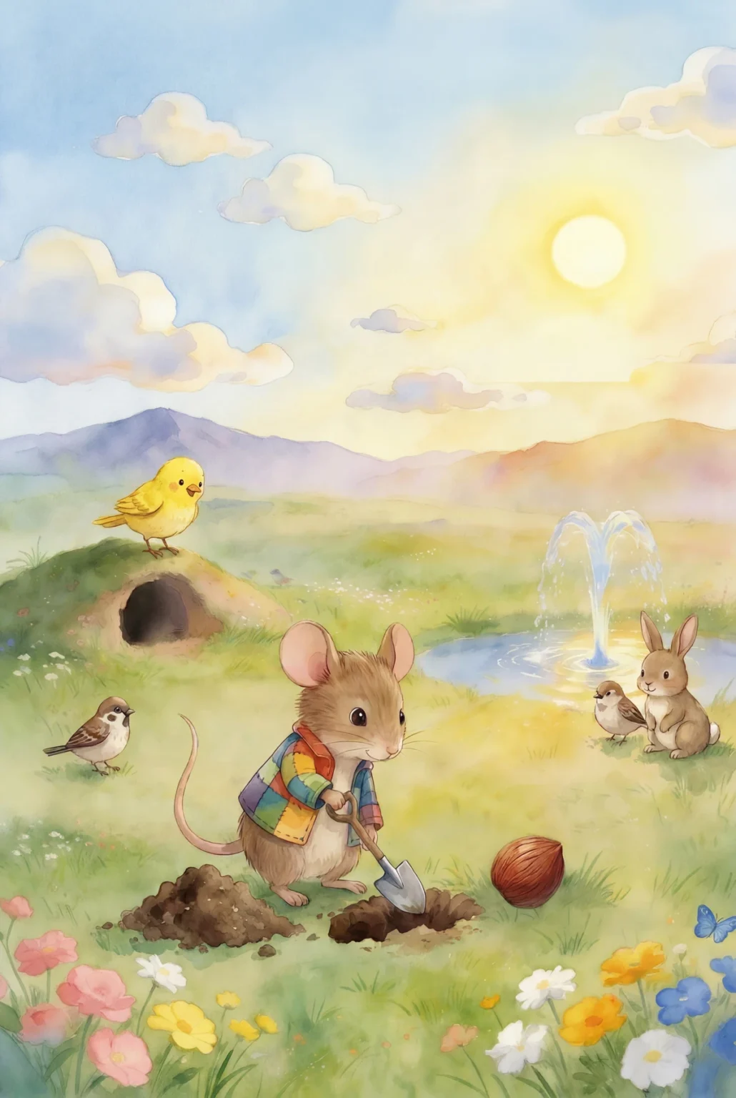 Mat and the Peach Pit Illustration. Mat is planting the peach pit. He is busy digging a hole in the ground with a spit.