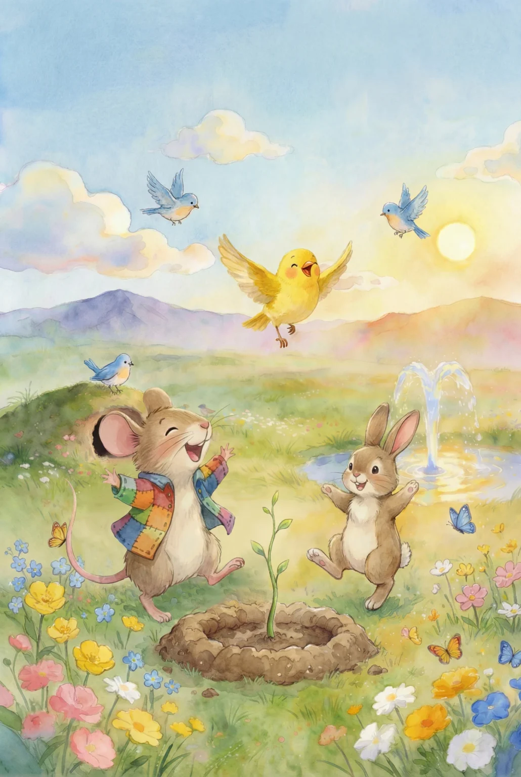 Mat and the Peach Pit. Mat is dancing happily around the peach pit who has sprouted with his friends.