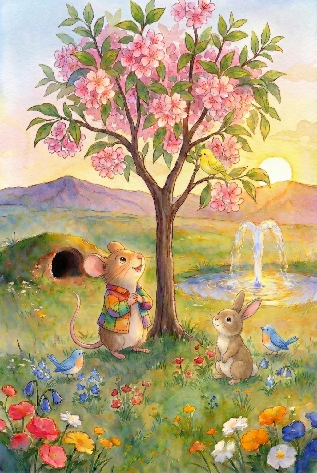 Mat and the Peach Pit Illustration. Mat is gazing with wonder at the beautiful blossoms.
