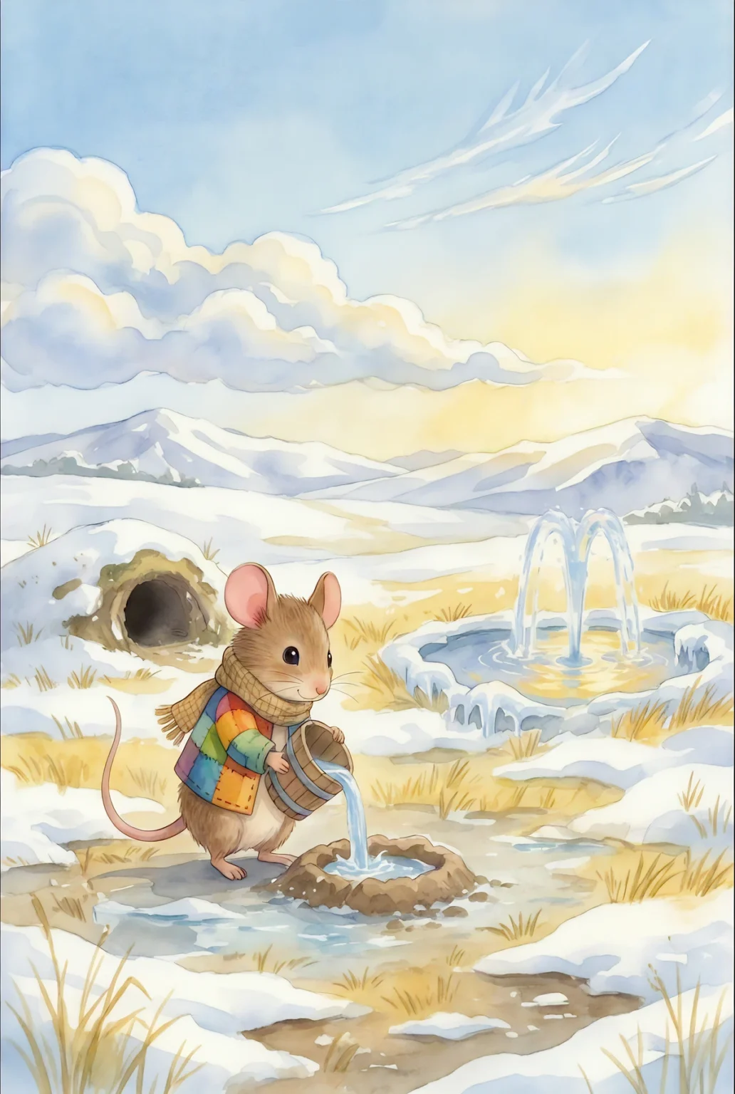 Mat and the Peach Pit - Mat is watering the planted pit during winter in a snowy landscape